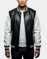 Mens Leather College Boy Varsity Jacket Garry Black Astral White